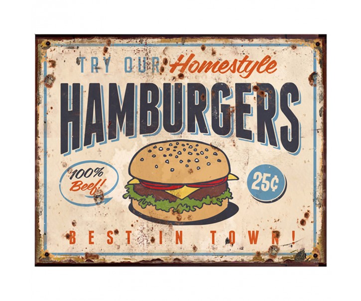 Béžová antik nástěnná kovová cedule Hamburgers - 25*1*20 cm Clayre & Eef