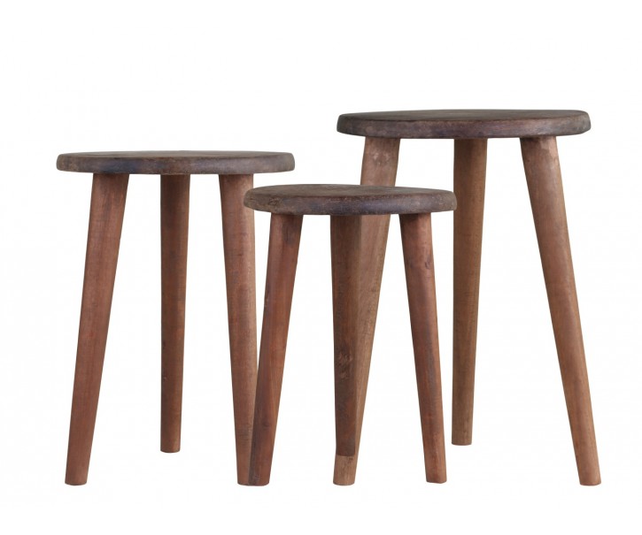 3ks retro dřěvěná stolička Grimaud Unique - Ø26*38/ Ø26*34/ Ø22*30cm Chic Antique