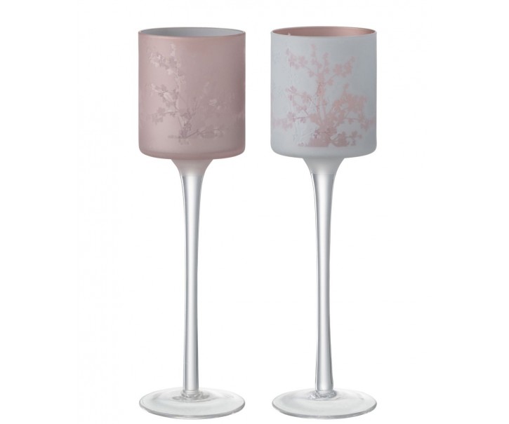 2ks růžový a modrý skleněný svícen na úzké noze na čajovou svíčku Sakura - Ø 7*25 cm J-Line by Jolipa