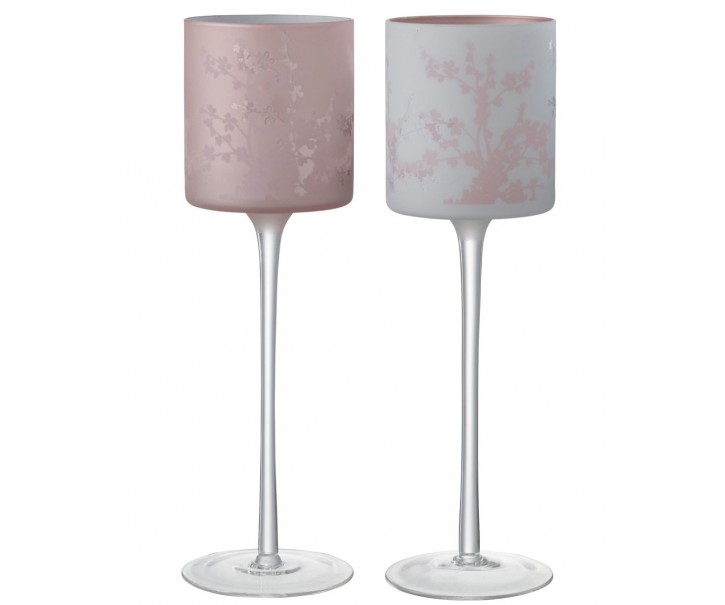 2ks růžový a modrý skleněný svícen na úzké noze na čajovou svíčku Sakura - Ø 9*30 cm J-Line by Jolipa