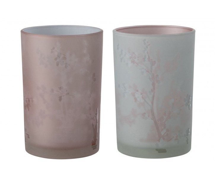 2ks růžový a modrý skleněný svícen na čajovou svíčku Sakura - Ø 12*17cm J-Line by Jolipa