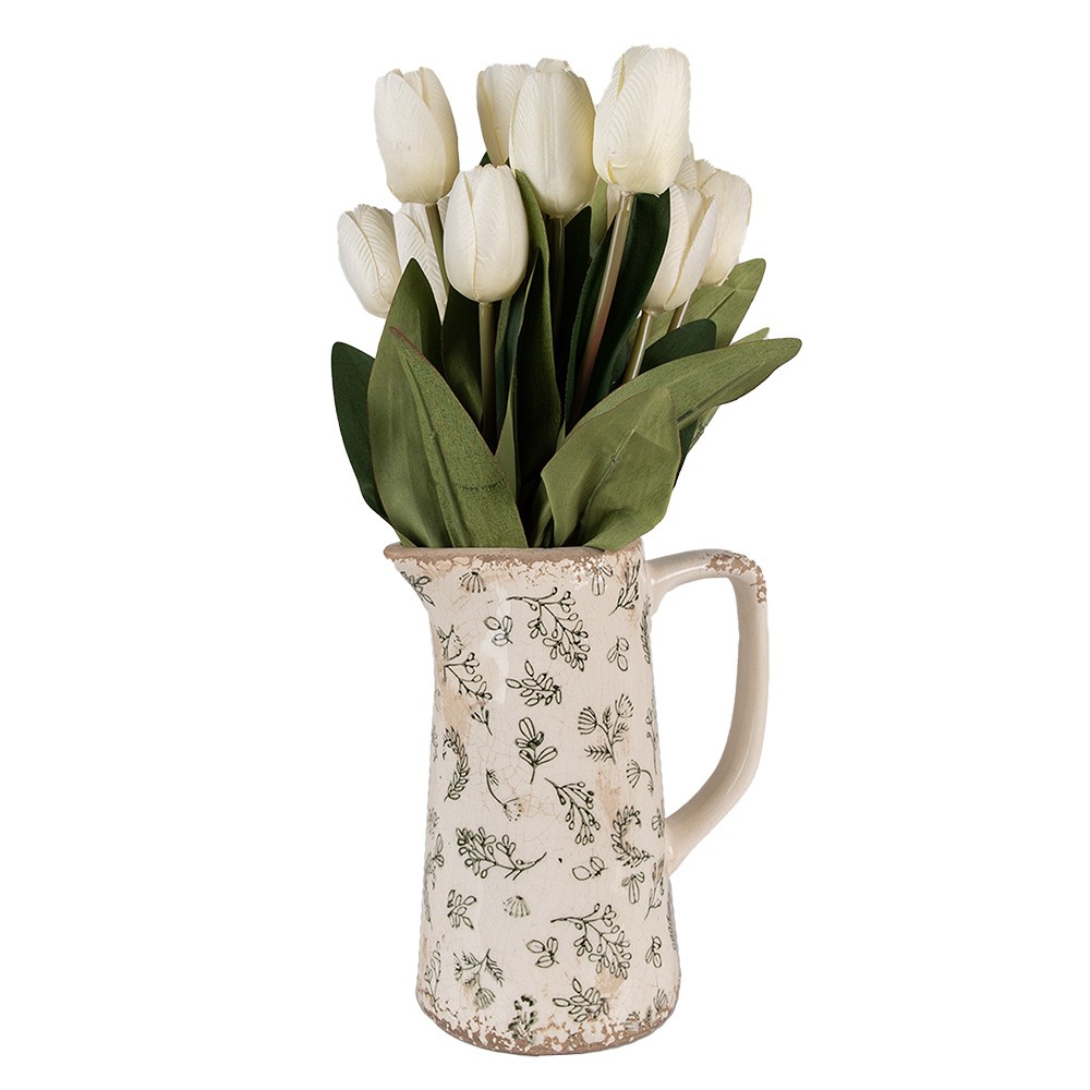 Béžový antik keramický džbán se zelenými květy - 15*10*19 cm Clayre & Eef Béžový antik keramický džbán se zelenými květy - 15*10*19 cm Clayre & Eef