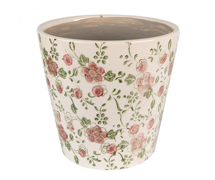 Keramický obal na květináč s růžovými květy Lillia S - Ø14*13 cm Clayre & Eef