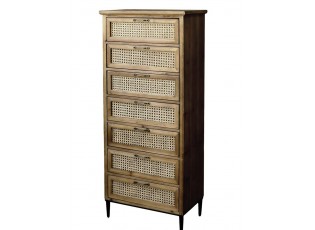 Hnědá antik dřevěná komoda se šuplíky a výpletem French wicker - 54*32*125cm