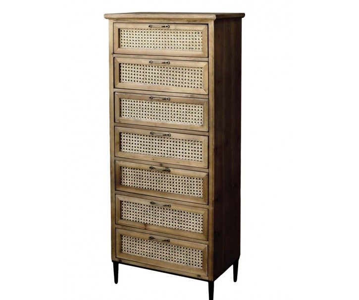 Hnědá antik dřevěná komoda se šuplíky a výpletem French wicker - 54*32*125cm Chic Antique