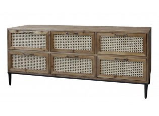 Hnědá antik dřevěná komoda se šuplíky a výpletem French wicker - 122*36*51cm
