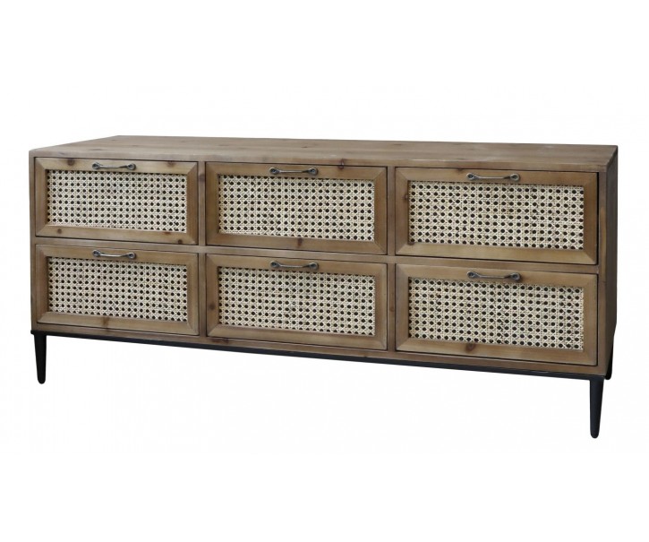 Hnědá antik dřevěná komoda se šuplíky a výpletem French wicker - 122*36*51cm Chic Antique