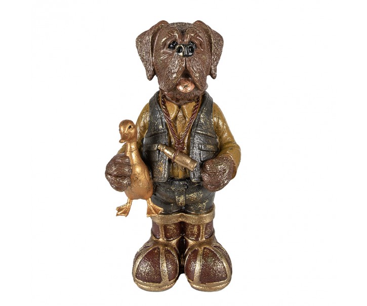 Hnědo-zelená dekorativní figurka pes držící kachnu - 16*14*34 cm Clayre & Eef