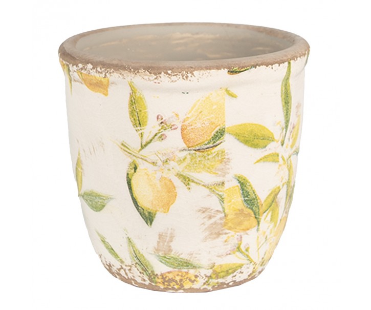 Béžový keramický obal na květináč s citróny Lemonio M - Ø14*13 cm Clayre & Eef