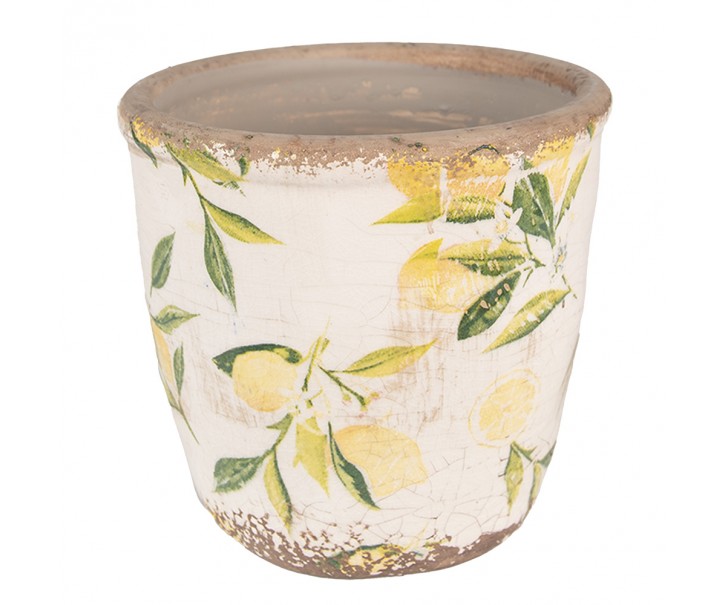 Béžový keramický obal na květináč s citróny Lemonio XS - Ø 11*10 cm Clayre & Eef