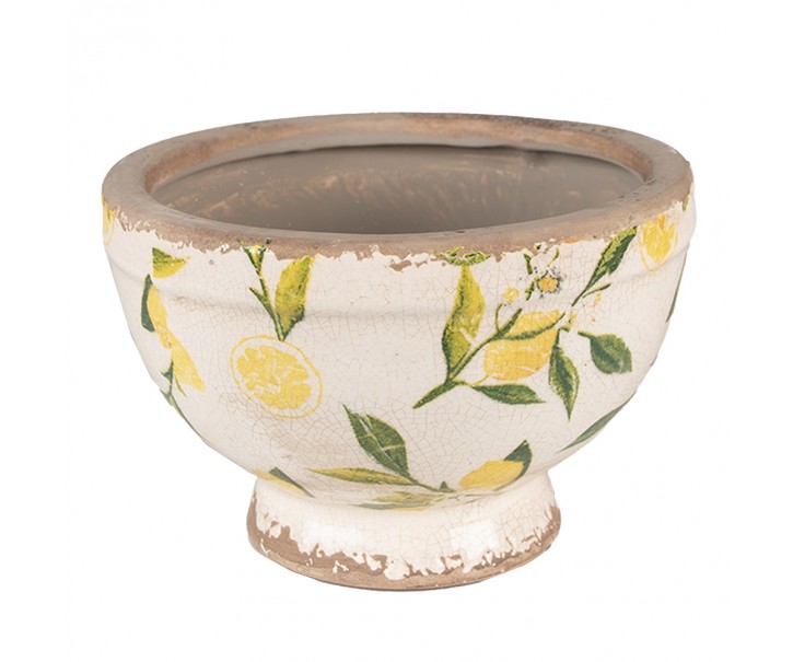 Béžový keramický obal na květináč s citróny Lemonio S - Ø17*11 cm Clayre & Eef