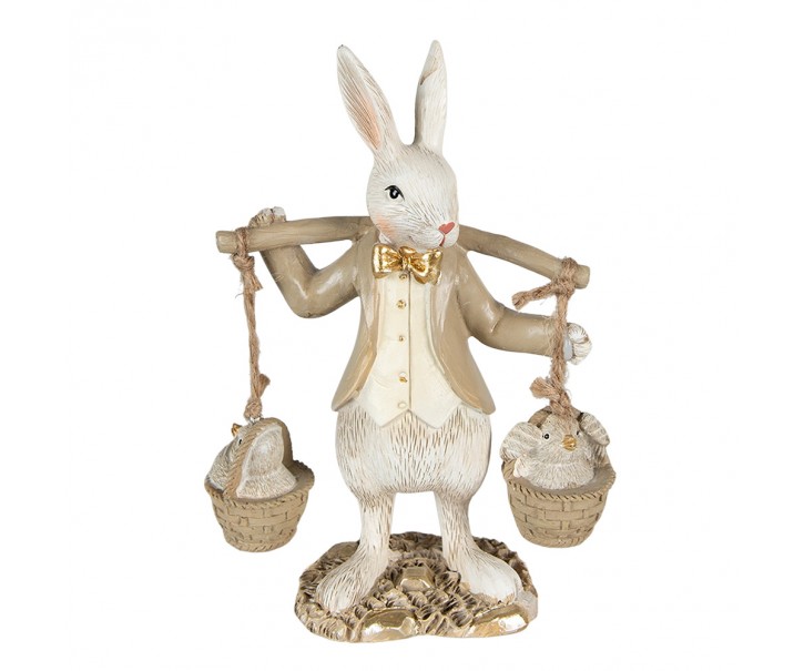 Béžová dekorace socha králík s kuřátky ve kbelíku - 12*6*17 cm Clayre & Eef