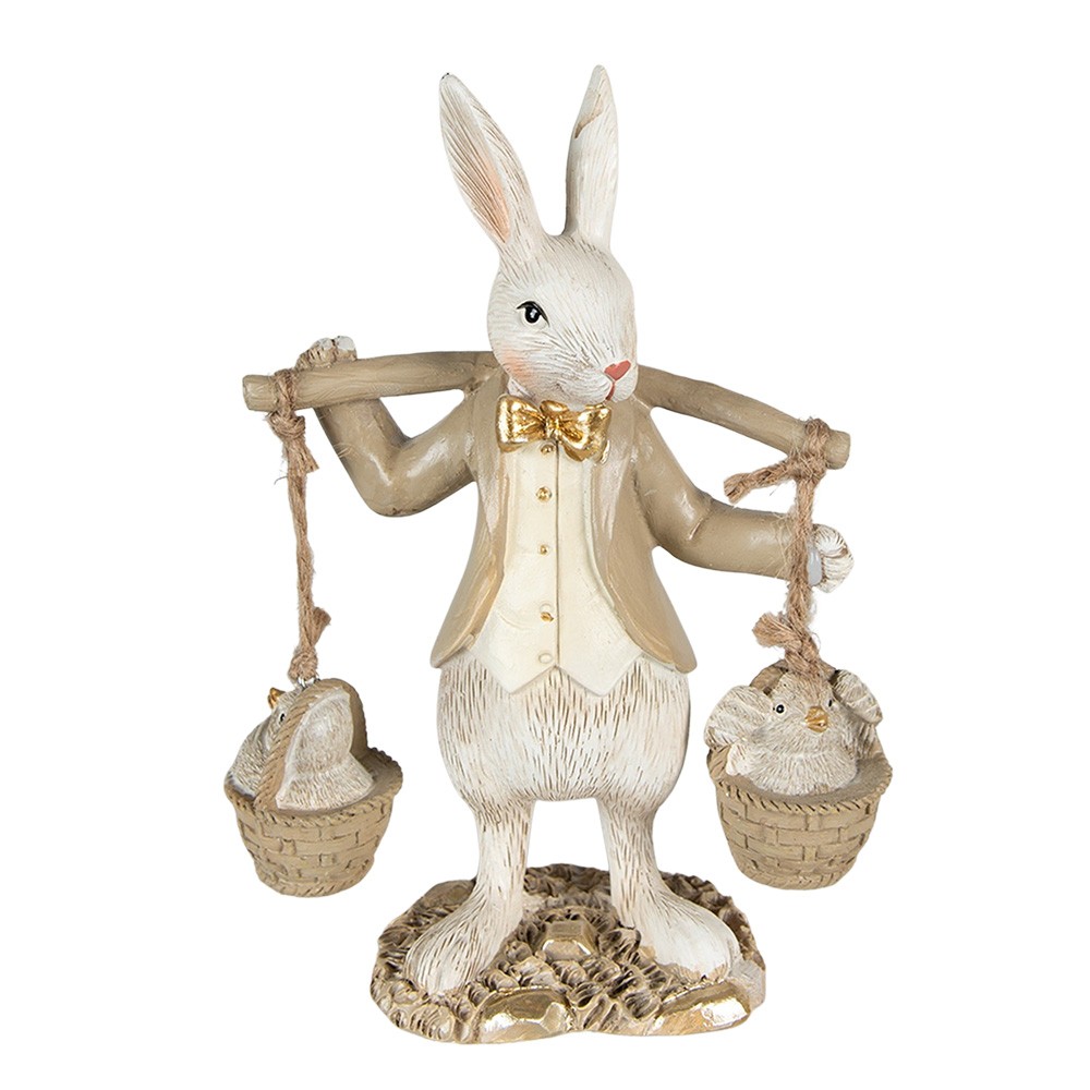 Béžová dekorace socha králík s kuřátky ve kbelíku - 12*6*17 cm