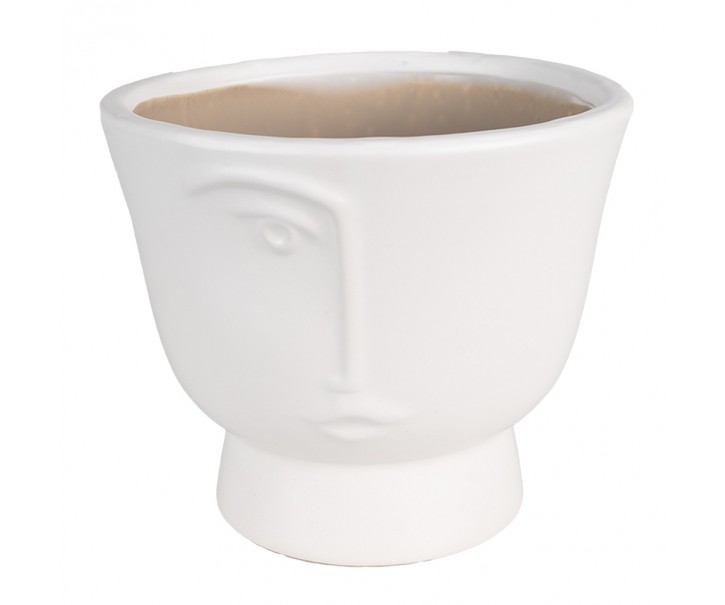 Bílý keramický obal na květináč s polovinou obličeje Facia M - Ø 14*12 cm Clayre & Eef