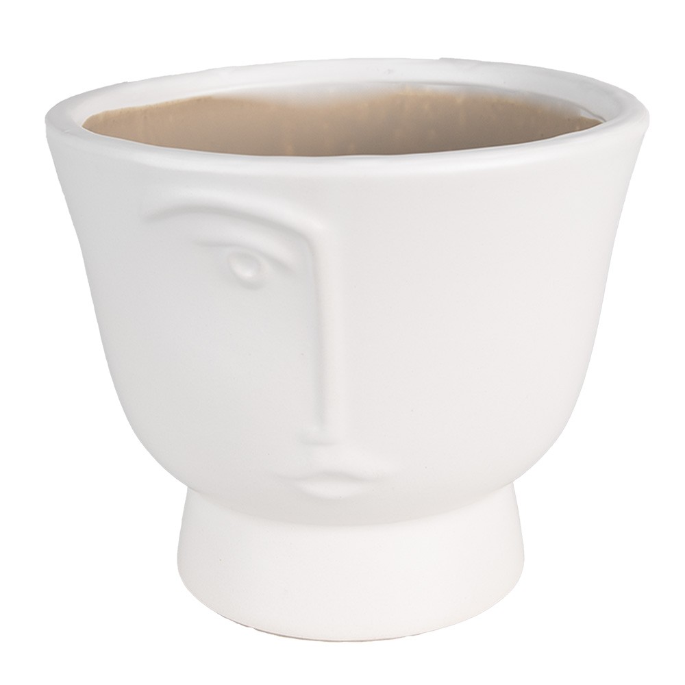 Bílý keramický obal na květináč s polovinou obličeje Facia M - Ø 14*12 cm