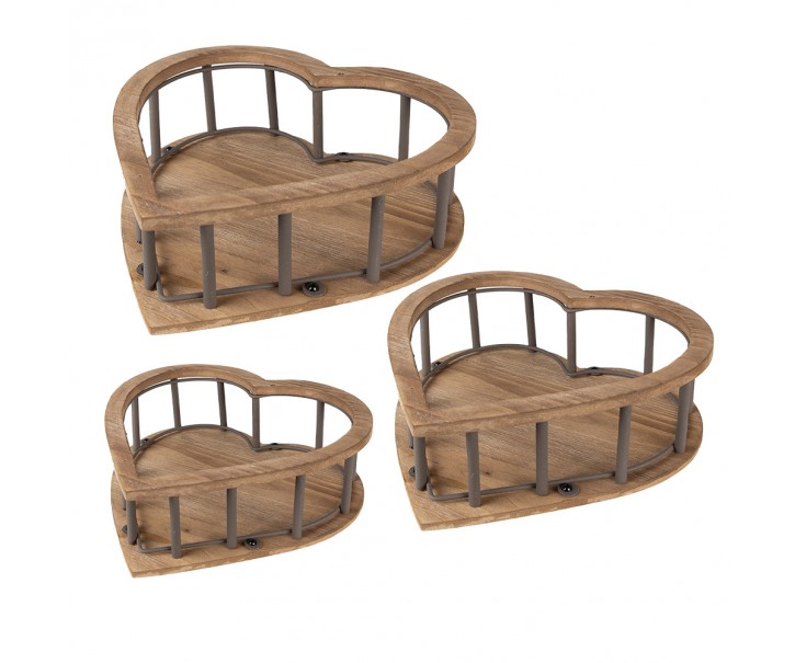 3ks hnědý dřevěný úložný košík ve tvaru srdce - 33*33*10 / 26*26*9 / 20*20*8 cm Clayre & Eef