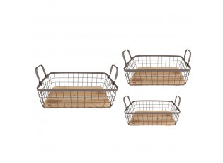 Set 3ks hnědý drátěný košík s dřevěným dnem a uchy Vi - 38*28*11 / 33*23*10 / 28*18*9 cm