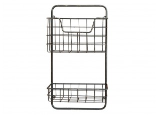 Černá antik nástěnná kovová polička s drátěnými košíky Fil de fer - 26*12*49cm