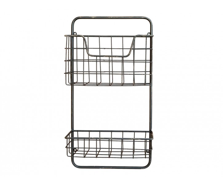Černá antik nástěnná kovová polička s drátěnými košíky Fil de fer - 26*12*49cm Chic Antique