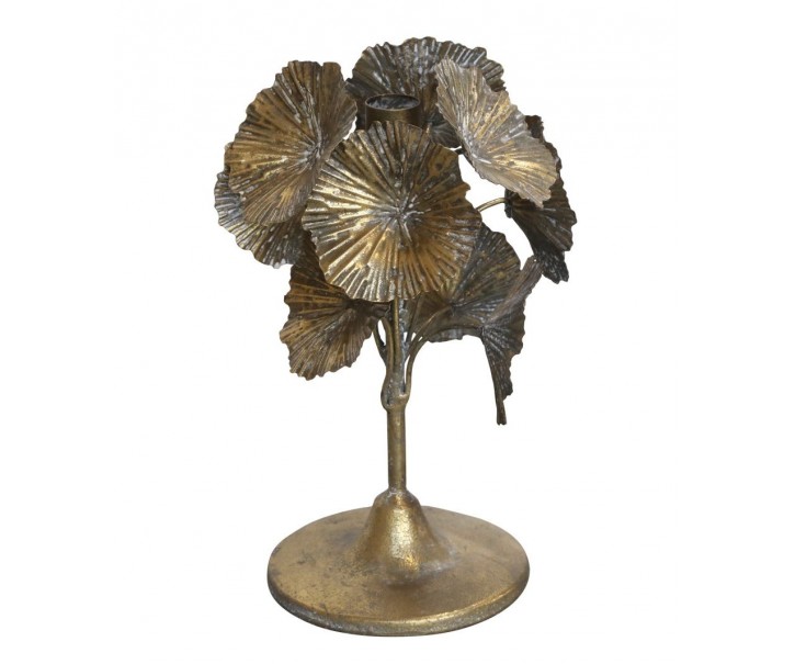 Bronzový antik kovový svícen zdobený květy Flower - Ø 18*24cm Chic Antique