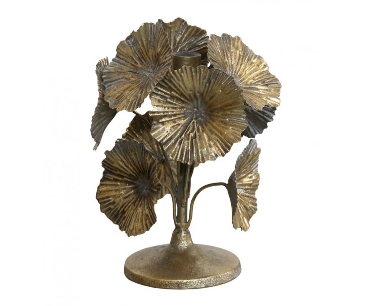 Bronzový antik kovový svícen zdobený květy Flower - Ø 14*20cm Chic Antique