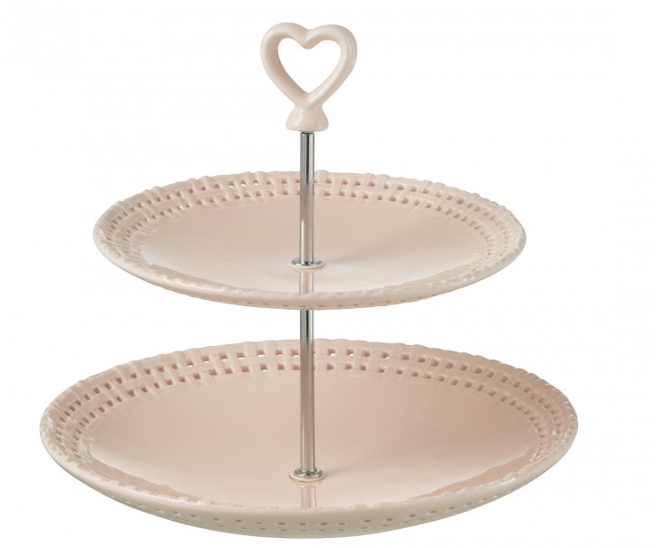 Růžový keramický 2-patrový etažér Hella Pastel Pink - Ø 25*23 cm J-Line by Jolipa