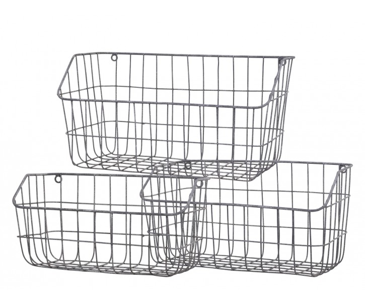 3ks zinkový antik nástěnný drátěný košík Fil de fer Basket - 40*19*20/ 35*17*19/ 30*14*15cm Chic Antique