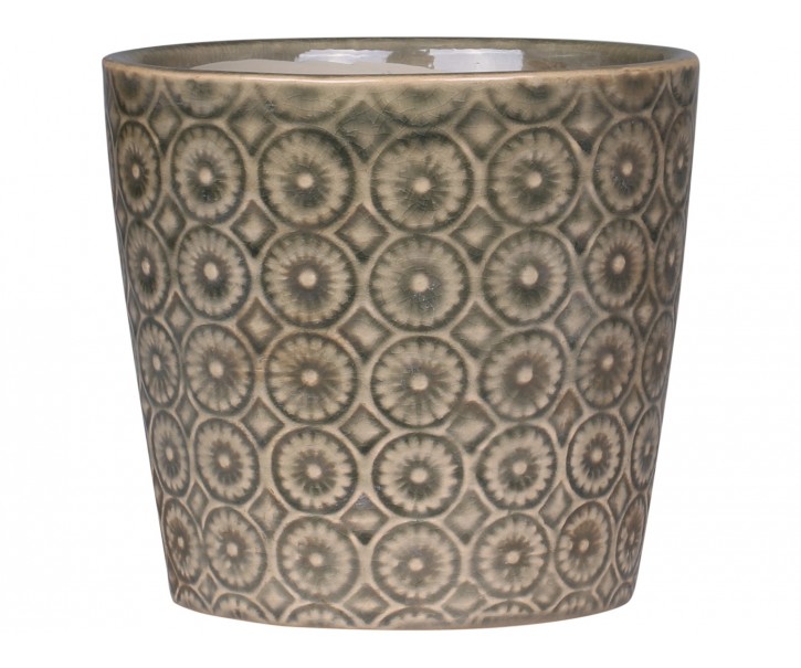 Hnědo-zelený antik keramický obal na květináč se vzorem Dante verte - Ø 14*13cm Chic Antique