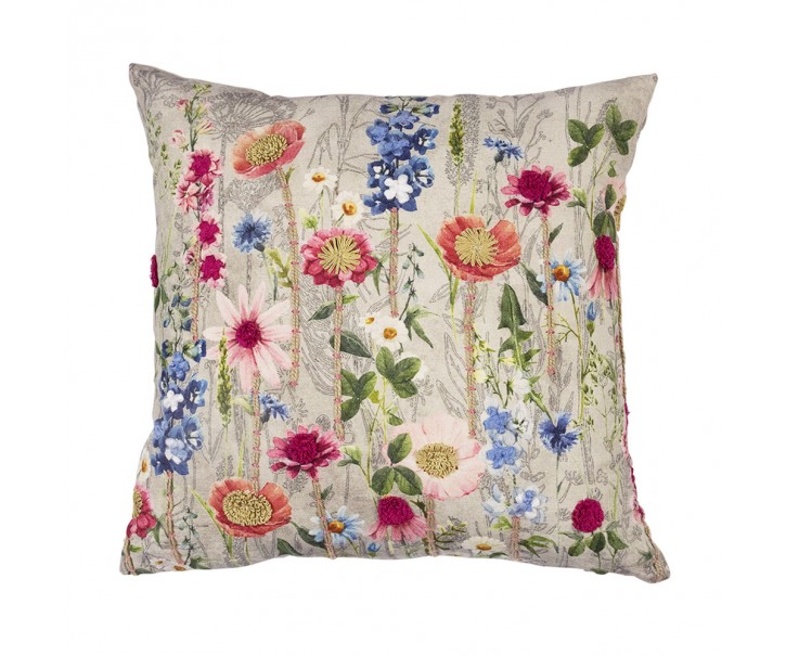 Béžový vyšívaný polštář rozkvetlá louka Flowers Poppy - 45*45*15cm Mars & More 