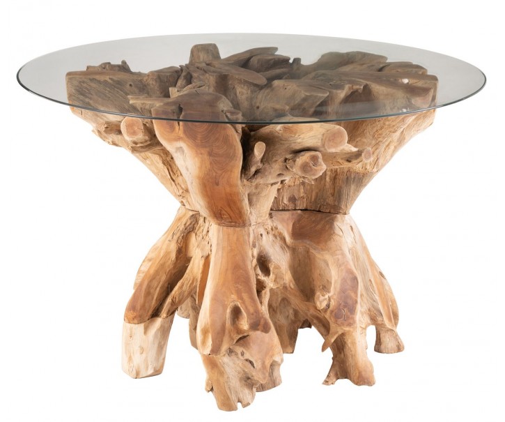 Přírodní jídelní stůl z teakového dřeva a skleněnou deskou na kmeni Raoul teak - Ø140*75cm J-Line by Jolipa