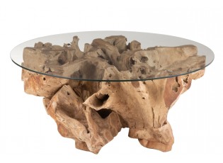 Přírodní coffee stůl z teakového dřeva a skleněnou deskou na kmeni Raoul teak - Ø100*45cm