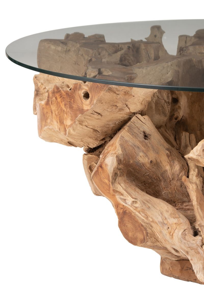 Přírodní coffee stůl z teakového dřeva a skleněnou deskou na kmeni Raoul teak - Ø100*45cm J-Line by Jolipa Přírodní coffee stůl z teakového dřeva a skleněnou deskou na kmeni Raoul teak - Ø100*45cm J-Line by Jolipa