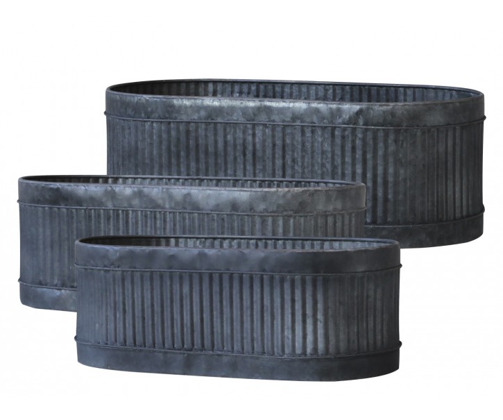 3ks oválný plechový zinkový antik obal na květináč Planters - 52*26*18/ 42*20*15/ 32*14*12cm Chic Antique