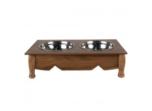 Misky pro zvířata v hnědém antik dřevěném stojanu - 41*22*12 cm / 2*500 ml