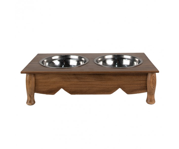 Misky pro zvířata v hnědém antik dřevěném stojanu - 41*22*12 cm / 2*500 ml Clayre & Eef