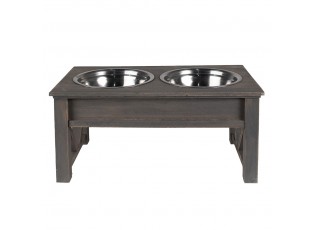 Misky pro zvířata v šedém antik dřevěném stojanu - 40*22*18 cm / 2*500 ml