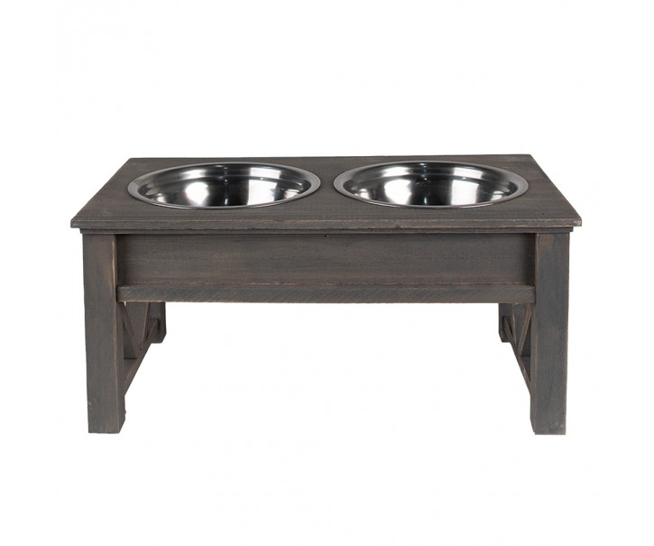 Misky pro zvířata v šedém antik dřevěném stojanu - 40*22*18 cm / 2*500 ml Clayre & Eef