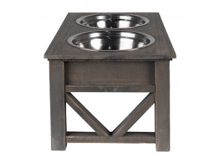 Misky pro zvířata v šedém antik dřevěném stojanu - 40*22*18 cm / 2*500 ml