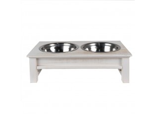 Misky pro zvířata v bílém antik dřevěném stojanu - 40*22*12 cm / 2*500 ml