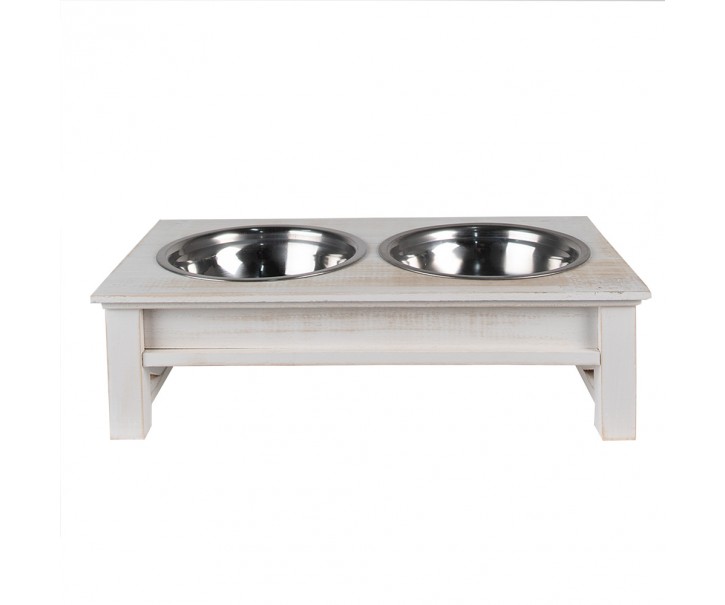 Misky pro zvířata v bílém antik dřevěném stojanu - 40*22*12 cm / 2*500 ml Clayre & Eef