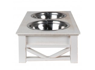 Misky pro zvířata v bílém antik dřevěném stojanu - 40*22*12 cm / 2*500 ml