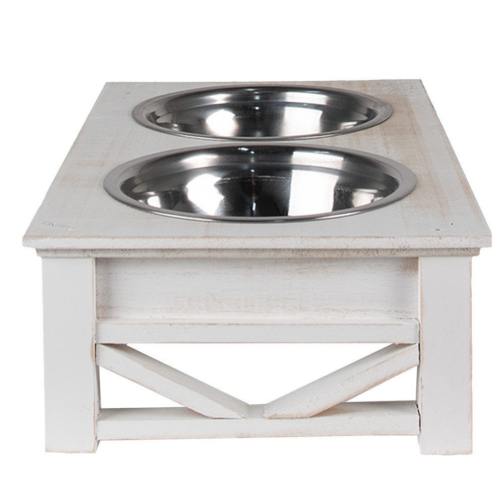 Misky pro zvířata v bílém antik dřevěném stojanu - 40*22*12 cm / 2*500 ml Clayre & Eef Misky pro zvířata v bílém antik dřevěném stojanu - 40*22*12 cm / 2*500 ml Clayre & Eef