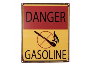 Žlutočervená antik nástěnná kovová cedule Danger Gasoline - 20*1*25 cm