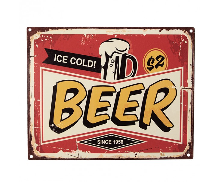 Červená antik nástěnná kovová cedule Beer - 25*1*20 cm Clayre & Eef