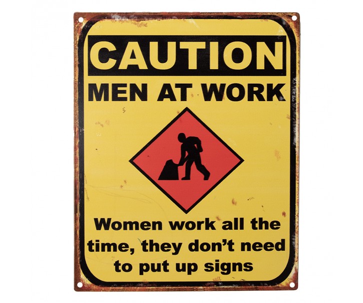 Žlutá antik nástěnná kovová cedule Caution, Men At Work - 20*1*25 cm Clayre & Eef