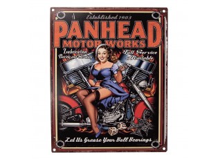Barevná antik nástěnná kovová cedule Panhead Motor Works- 20*1*25 cm