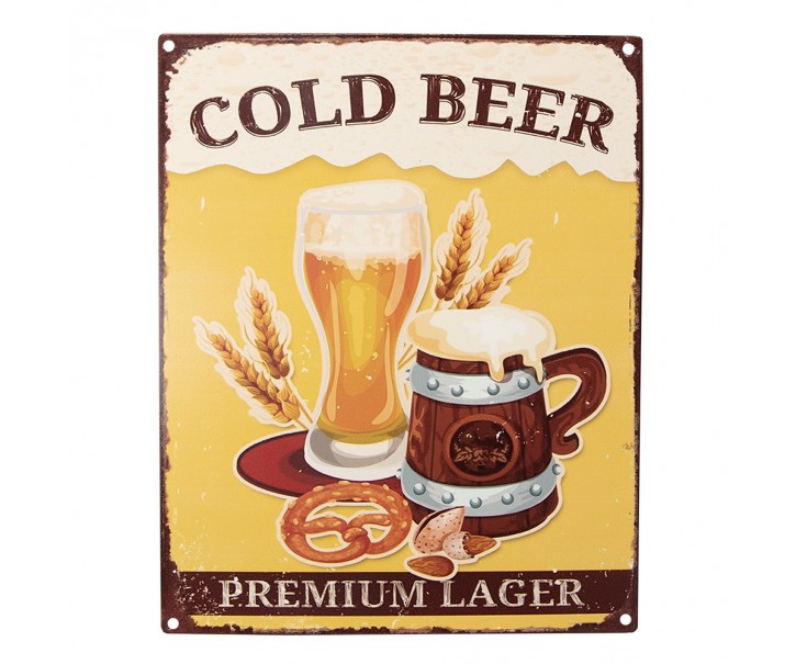 Žlutá antik nástěnná kovová cedule Cold Beer - 20*1*25 cm Clayre & Eef