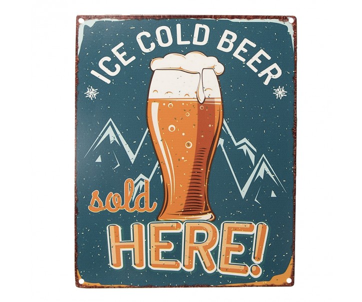 Modrá antik nástěnná kovová cedule Ice Cold Beer, Sold Here - 20*1*25 cm Clayre & Eef