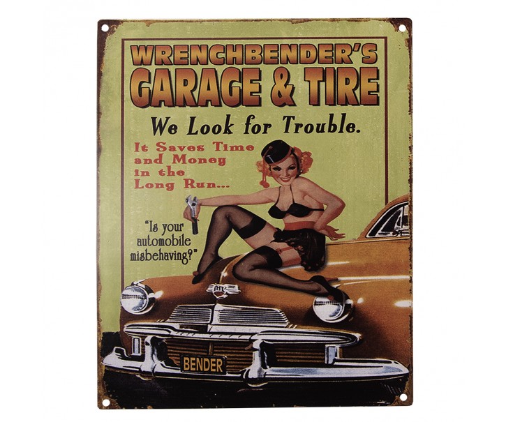 Barevná antik nástěnná kovová cedule Garage & Tire - 20*1*25 cm Clayre & Eef