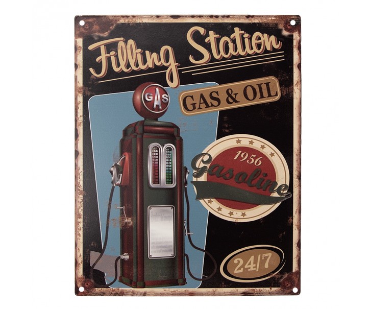 Černá antik nástěnná kovová cedule Filling Station - 20*1*25 cm Clayre & Eef